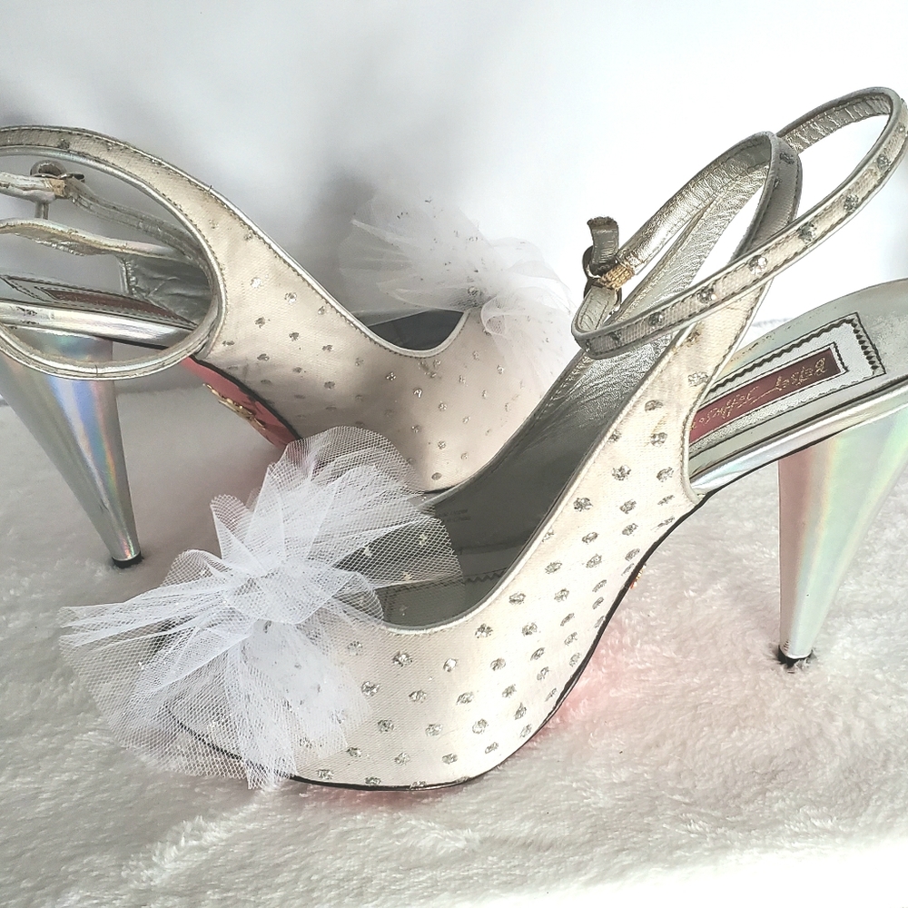 Betsey Johnson glitter bow peep toe heels SZ 8.5